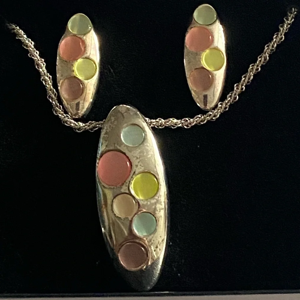 Rare! Vintage Whiting Davis Silver Earrings Pendant & Intricately Woven Chain Se